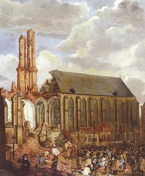 <p>Beeld van de verwoesting van de Grote Kerk na het instorten van de toren in 1682. Eén van de drie schilderijen die Jan Grasdorp maakte van de torenval (coll. Stedelijk Museum Zwolle).</p>
